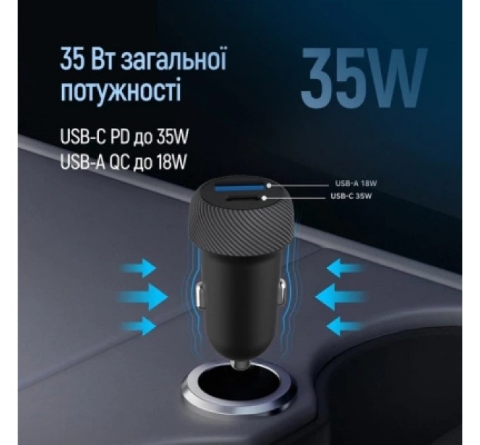 Зарядний пристрій ColorWay USB-C PD35W + USB QC3.0 car adapter (CW-CHA064PD-BK)