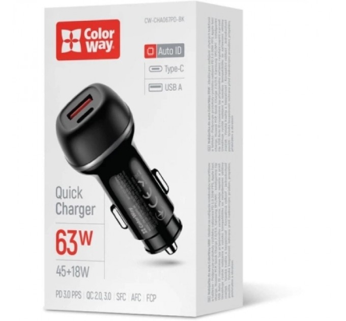Зарядний пристрій ColorWay USB-C PD45W + USB QC3.0 car adapter (CW-CHA067PD-BK)