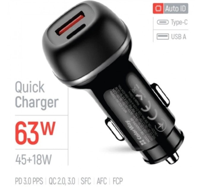 Зарядний пристрій ColorWay USB-C PD45W + USB QC3.0 car adapter (CW-CHA067PD-BK)