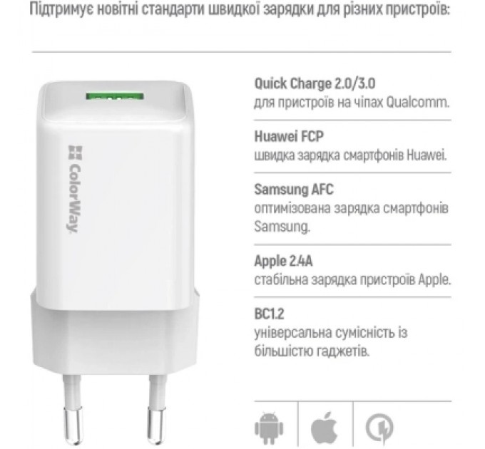 Зарядний пристрій ColorWay USB QC3.0 18W white (CW-CHS063Q-WT)