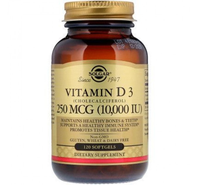 Вітамін Solgar Вітамін D3, Vitamin D3 (Cholecalciferol), 250 мкг, 10,000 МE (SOL-35872)