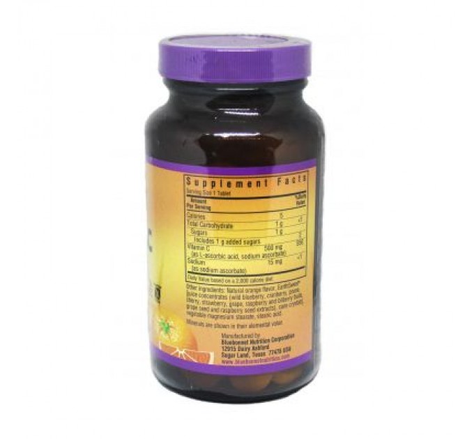 Вітамін Bluebonnet Nutrition Вітамін С, 500мг, Смак Апельсину, Earth Sweet Chewables, 90 (BLB-00505)