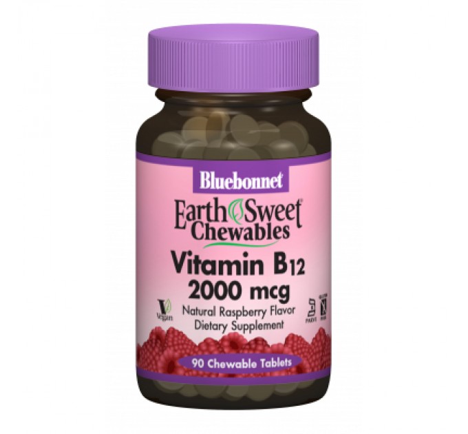 Вітамін Bluebonnet Nutrition Вітамін В12 2000мкг, Смак Малини, Earth Sweet Chewables, 90 (BLB-00436)
