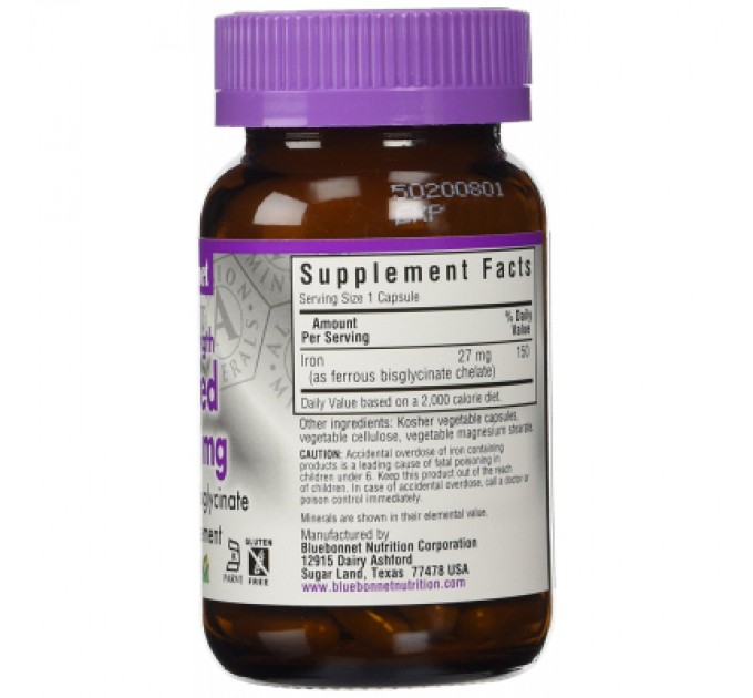 Мінерали Bluebonnet Nutrition Супер Сильне Хелатне Залізо, Albion, 90 гелевих капсул (BLB-00670)