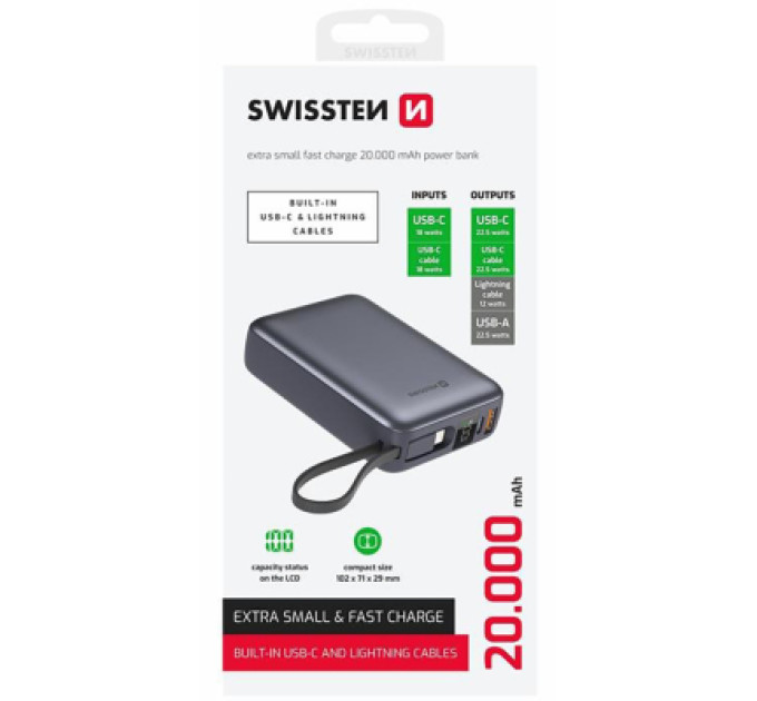 Swissten Батарея універсальна SWISSTEN 20000mAh SPACE 22/5W PD QC w/built-in cables USB-C/LIGHTNING Silver (8595217490598)