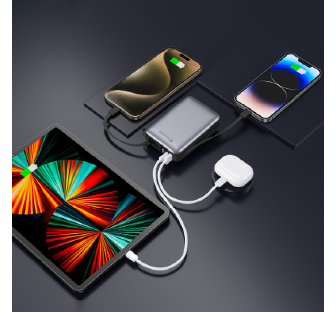 Swissten Батарея універсальна SWISSTEN 20000mAh SPACE 22/5W PD QC w/built-in cables USB-C/LIGHTNING Silver (8595217490598)