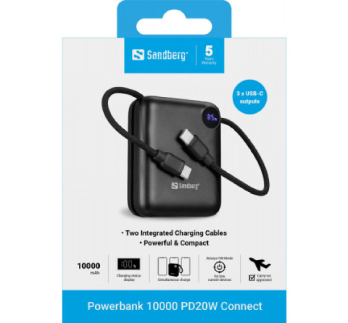 Sandberg Батарея універсальна Sandberg 10000mAh PD/3.1/20W, QC/3.0, USB-C In/Out, with 2 cables USB-C (421-26)