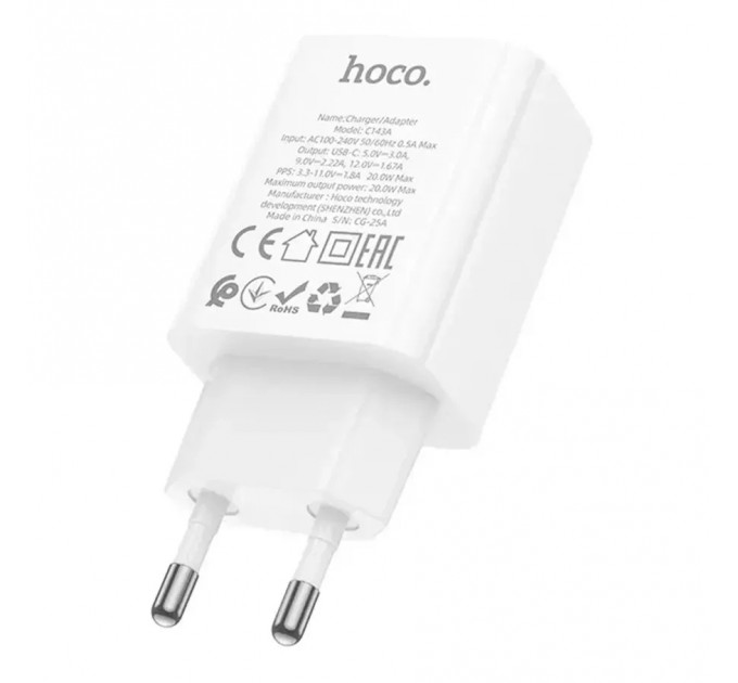 Мережевий зарядний пристрій Hoco C143A (1USB-C, 3А) 20W White (6942007652063)
