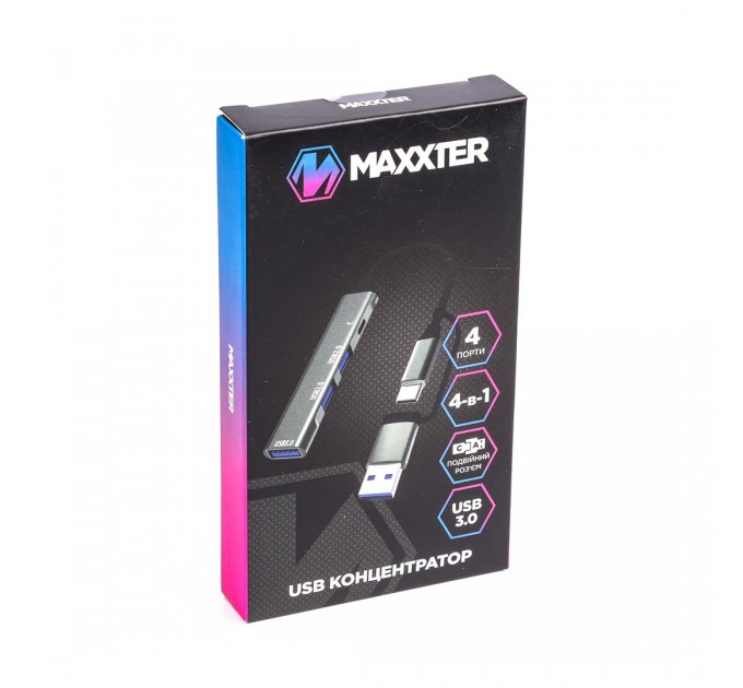 Концентратор USB Type-C/USB Maxxter 1xUSB-A 3.0, 2xUSB-A 2.0, 1xUSB-C Gray (HU3C-4P1CN-01)