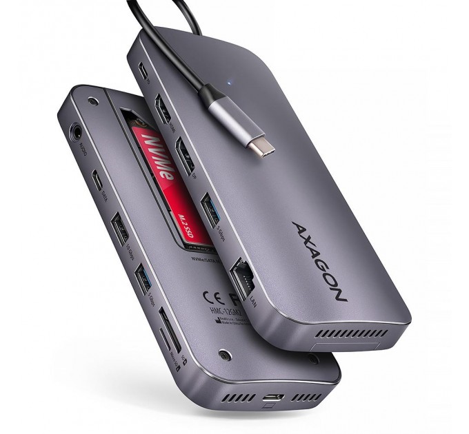 Багатопортовий USB-C хаб 10 Гбіт/с. NVMe/SATA M.2, HDMI та DisplayPort. Кабель USB-C 50 см AXAGON