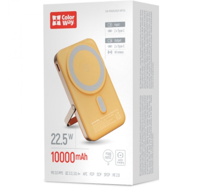 Батарея універсальна ColorWay 10 000 mAh PD/22.5W, 15W MagSafe & Watch Wireless Amber (CW-PB100LPA2Y-WPDD)