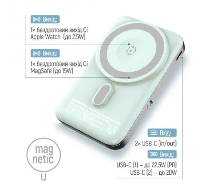 Батарея універсальна ColorWay 10 000 mAh PD/22.5W, 15W MagSafe & Watch Wireless Aquamarine (CW-PB100LPA2MT-WPDD)