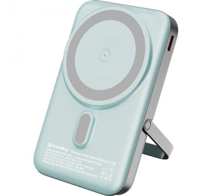 Батарея універсальна ColorWay 10 000 mAh PD/22.5W, 15W MagSafe & Watch Wireless Aquamarine (CW-PB100LPA2MT-WPDD)