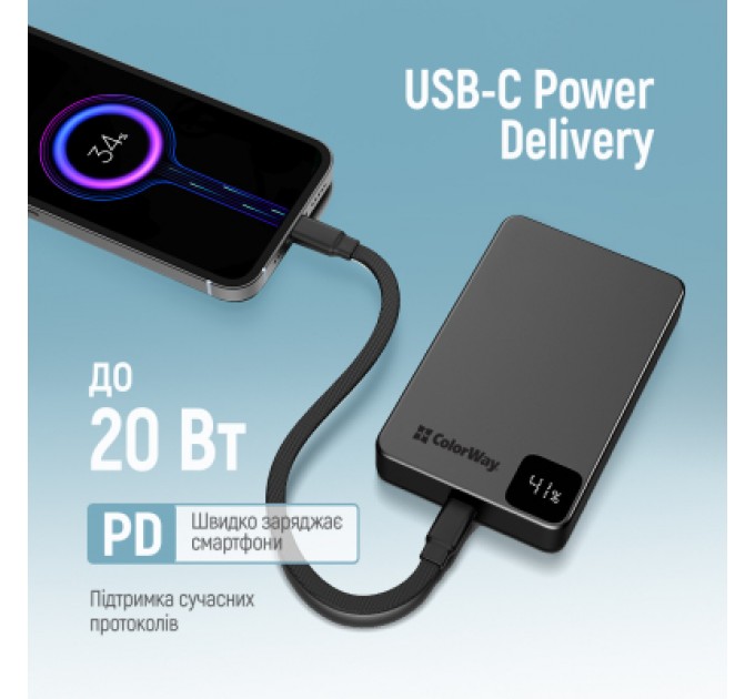 Батарея універсальна ColorWay 10 000 mAh PD/22.5W, 15W MagSafe Black (CW-PB100LPA1BK-WPDD)