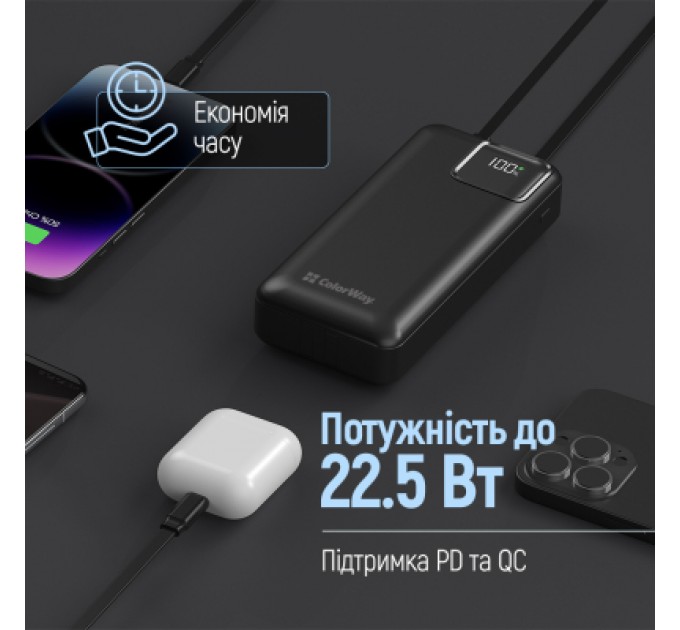 Батарея універсальна ColorWay 20 000 mAh Optimal Power PD/22.5W, QC/3.0, Black (CW-PB200LPB5BK-PDD)