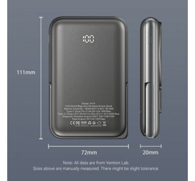 Vention Батарея універсальна VENTION Magnetic Wireless 10000mAh 20W PD USB-C In/Out, QI-15W Black (FHNB0)