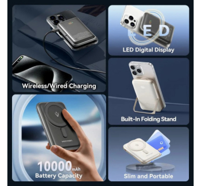 Vention Батарея універсальна VENTION Magnetic Wireless 10000mAh 20W PD USB-C In/Out, QI-15W Black (FHNB0)