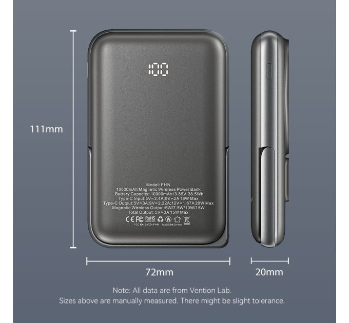 Vention Батарея універсальна VENTION Magnetic Wireless 10000mAh 20W PD USB-C In/Out, QI-15W Black (FHNB0)