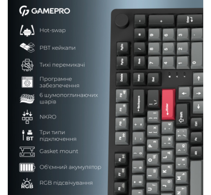GamePro Клавіатура GamePro Asgard Drakkar Keychron Super Red Switch Wireless/Bluetooth/USB UA Black (MK305BK)