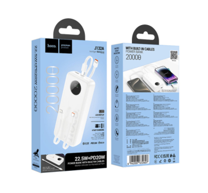 HOCO Батарея універсальна HOCO 20000mAh, PD/20W, 22.5W, White (J132A / 42067)