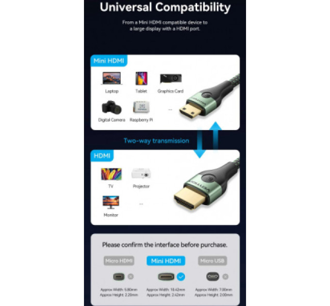 Vention Кабель мультимедійний HDMI M to HDMI mini M 1.0m V2.1 8K 60Hz green VENTION (AGJGF)