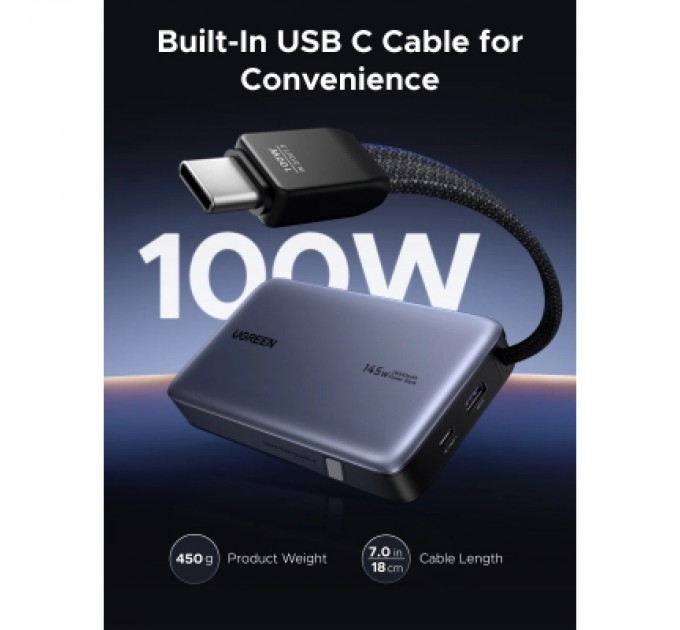 Батарея універсальна Ugreen 20000mAh 145W with Built-in Cable (PB551 55992B)