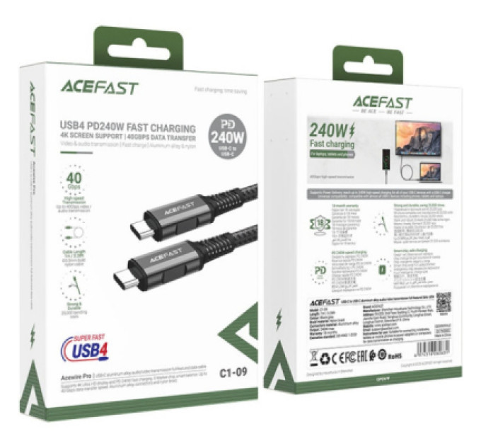 Acefast Дата кабель USB-C to USB-C 1.0m USB 4.0 240W audio/video black-grey Acefast (6974316282631)