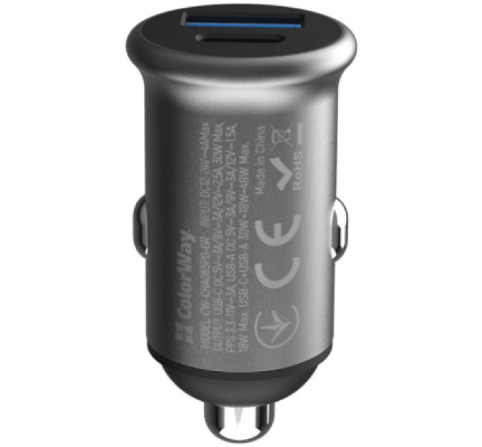 ColorWay Зарядний пристрій ColorWay USB-C PD30W + USB QC3.0 car adapter (CW-CHA065PD-GR)