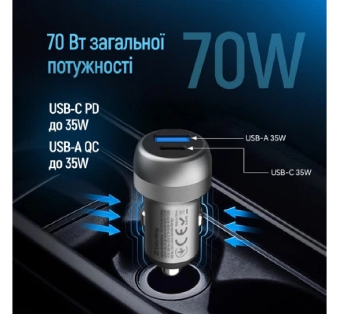 ColorWay Зарядний пристрій ColorWay USB-C PD35W + USB QC3.0 car adapter (CW-CHA066PD-GR)