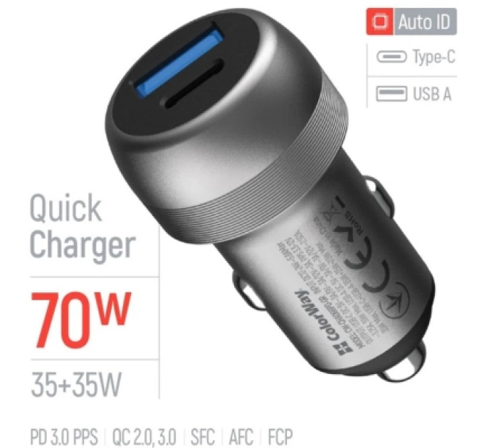 ColorWay Зарядний пристрій ColorWay USB-C PD35W + USB QC3.0 car adapter (CW-CHA066PD-GR)