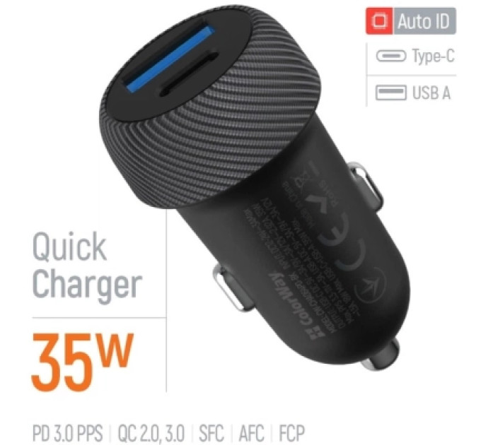 ColorWay Зарядний пристрій ColorWay USB-C PD35W + USB QC3.0 car adapter (CW-CHA064PD-BK)