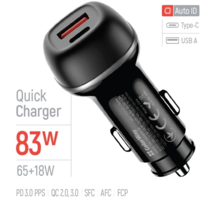 ColorWay Зарядний пристрій ColorWay USB-C PD65W + USB QC3.0 car adapter (CW-CHA068PD-BK)