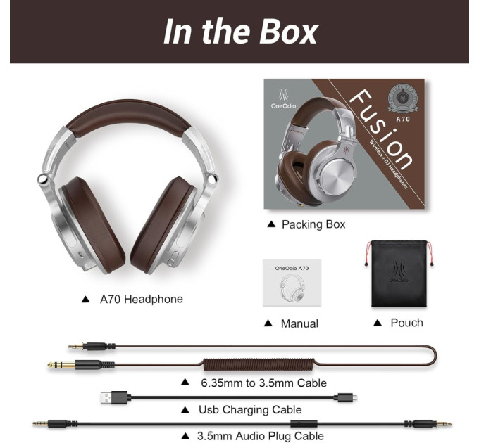 OneOdio Навушники OneOdio Fusion A70 Bluetooth+3,5мм/6,35мм Silver/Brown (A70 Silver Brown)