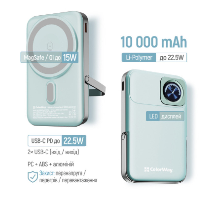 ColorWay Батарея універсальна ColorWay 10 000 mAh PD/22.5W, 15W MagSafe & Watch Wireless Aquamarine (CW-PB100LPA2MT-WPDD)