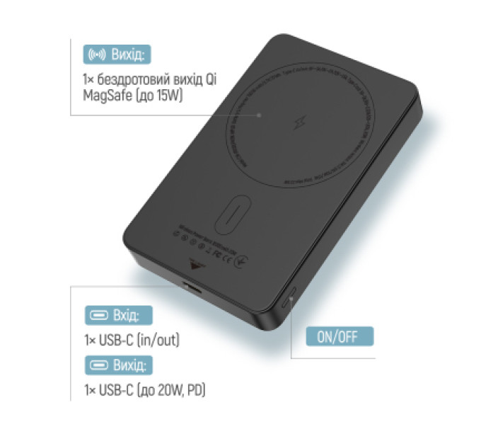 ColorWay Батарея універсальна ColorWay 10 000 mAh PD/22.5W, 15W MagSafe Black (CW-PB100LPA1BK-WPDD)