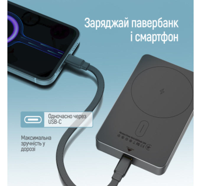 ColorWay Батарея універсальна ColorWay 10 000 mAh PD/22.5W, 15W MagSafe Black (CW-PB100LPA1BK-WPDD)