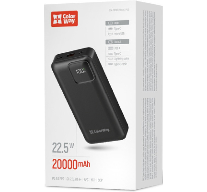 ColorWay Батарея універсальна ColorWay 20 000 mAh Optimal Power PD/22.5W, QC/3.0, Black (CW-PB200LPB5BK-PDD)