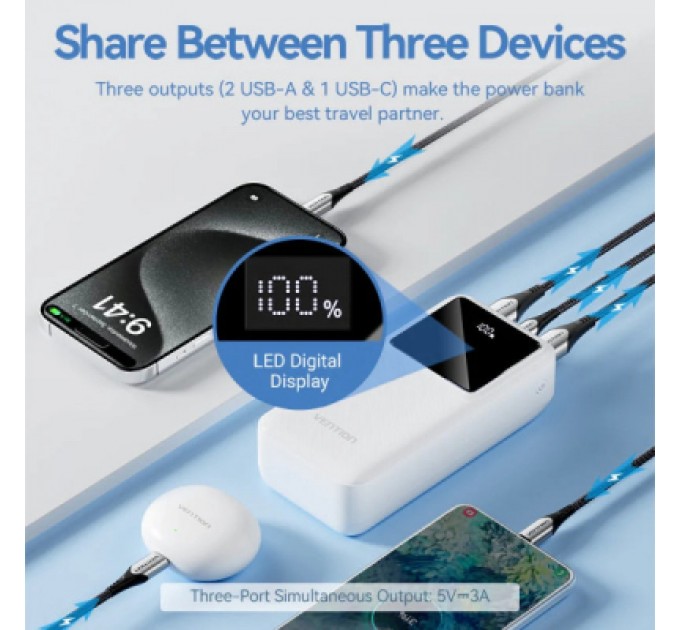 Батарея універсальна Vention 30000mAh 22.5W 3A, PD, QC/3.0, LED Display, Black (FHMB0)