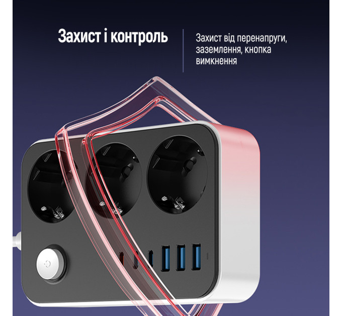 ColorWay Фільтр живлення ColorWay CW-CHE36PDB 20W (3 USB-A + 3 TYPE-C) 3 розетки, 6 USB, 2 м, чорний