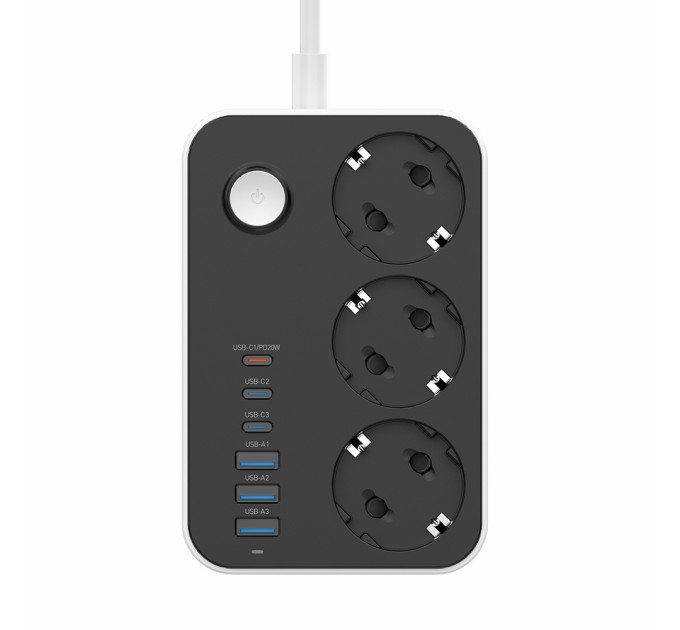 ColorWay Фільтр живлення ColorWay CW-CHE36PDB 20W (3 USB-A + 3 TYPE-C) 3 розетки, 6 USB, 2 м, чорний