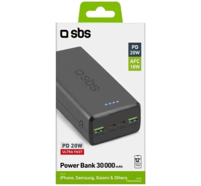 SBS Батарея універсальна SBS 30000mAh 20W PD,QC, 2xUSB-A, 2xUSB-C Black (TTBB30000PD20K)