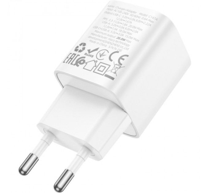 Зарядний пристрій HOCO C147A Charm 1xUSB-C PD20W + 1xUSB QC3.0 White (6942007630276)