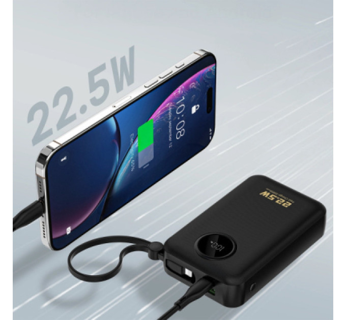 Dudao Батарея універсальна Dudao 20000mAh K14+ 22.5W, PD, QC, USB-A, USB-C(In/Out), with built-in USB-C/Lightning cables, Black (6977196680016)