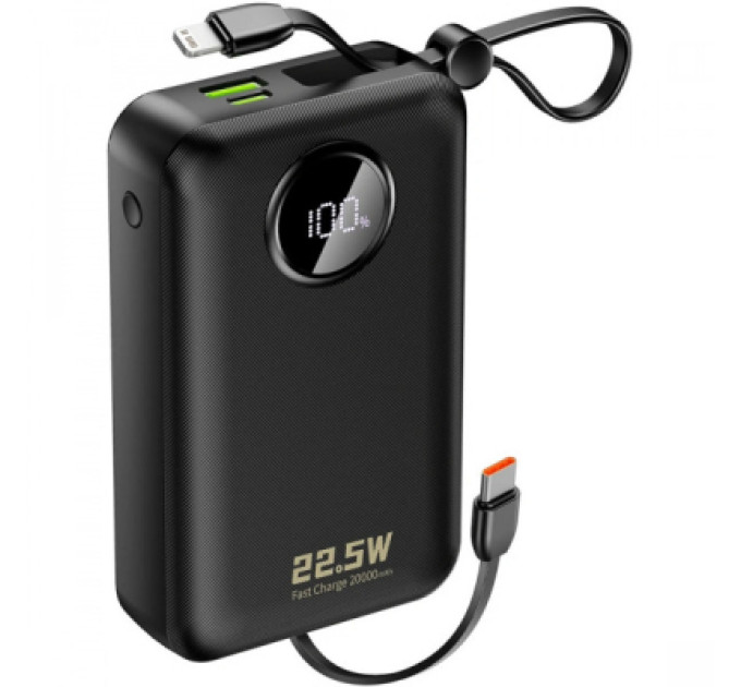 Dudao Батарея універсальна Dudao 20000mAh K14+ 22.5W, PD, QC, USB-A, USB-C(In/Out), with built-in USB-C/Lightning cables, Black (6977196680016)