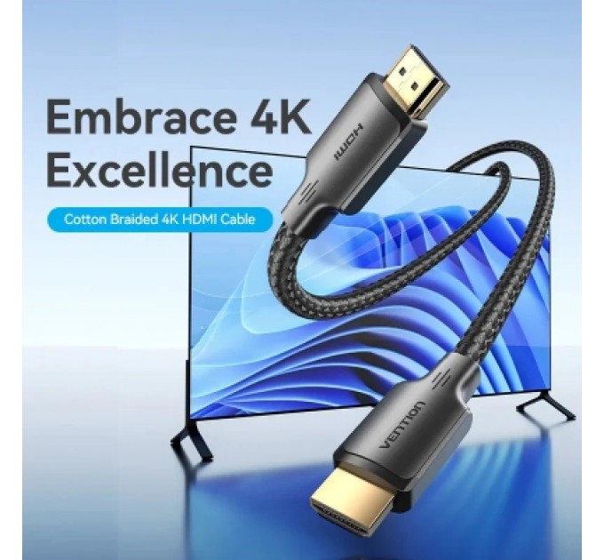 Кабель мультимедійний Cotton Braided 4K HDMI Male to Male Cable 1.5M Black VENTION (ALLBG)