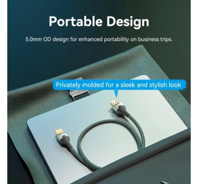 Кабель мультимедійний Cotton Braided Ultra Thin HDMI-A Male to Male HD Cable 8K 1M Green Aluminum Alloy Type VENTION (ALOGF)