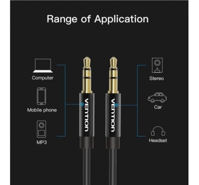 Кабель мультимедійний Fabric Braided 3.5mm Male to Male Audio Cable 1M Black Metal Type VENTION (BAGBF)