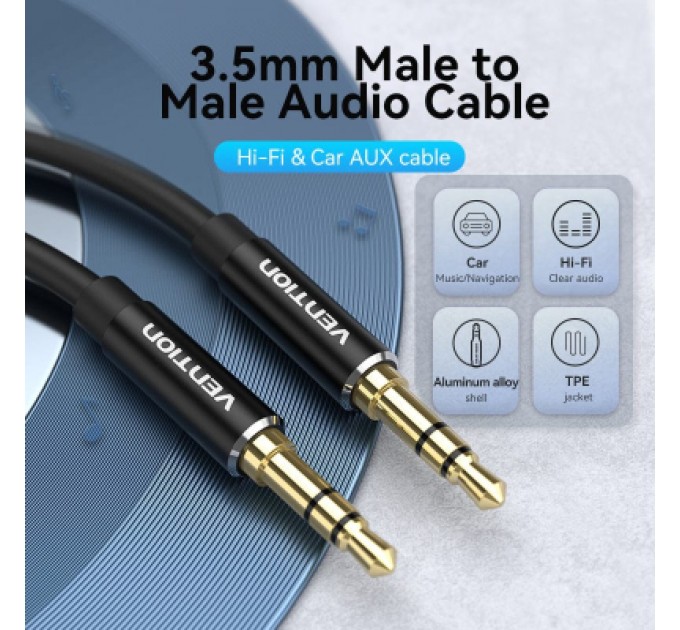 Кабель мультимедійний 3.5mm Male to Male Audio Cable 1.5M Black Aluminum Alloy Type VENTION (BAXBG)