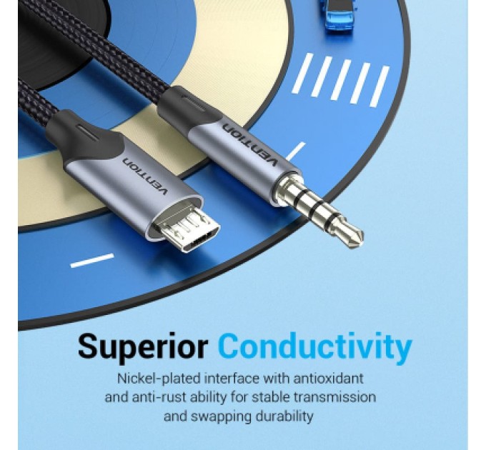 Кабель мультимедійний Micro USB Male to TRRS 3.5mm Male Audio Cable 1M Black VENTION (BDGBF)