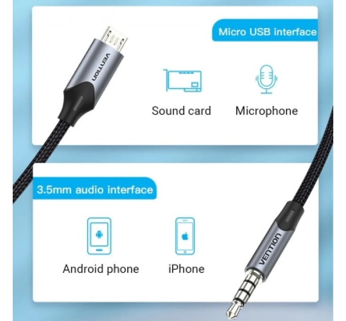Кабель мультимедійний Micro USB Male to TRRS 3.5mm Male Audio Cable 1M Black VENTION (BDGBF)